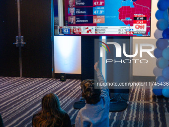 Young attendees watch television coverage of the United States 2024 election at the Minnesota DFL Election Night event at the InterContinent...