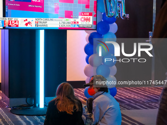 Young attendees watch television coverage of the United States 2024 election at the Minnesota DFL Election Night event at the InterContinent...