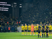 Players of Borussia Dortmund stand for a minute of silence for the flood victims in Valencia prior to the UEFA Champions League 2024/25 Leag...