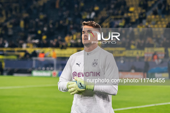 Alexander Meyer of Borussia Dortmund looks on before the UEFA Champions League 2024/25 League Phase MD4 soccer match between Borussia Dortmu...