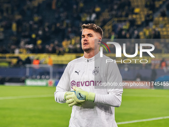 Alexander Meyer of Borussia Dortmund looks on before the UEFA Champions League 2024/25 League Phase MD4 soccer match between Borussia Dortmu...