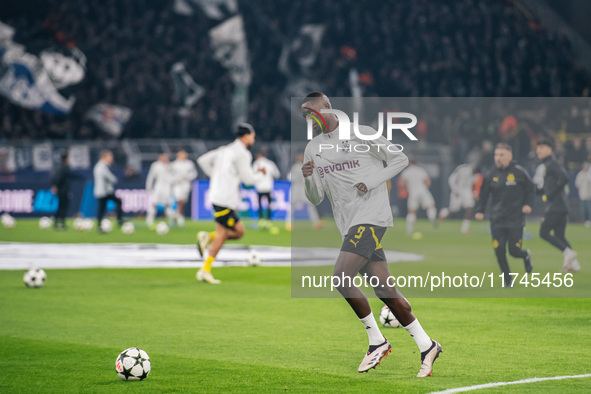 Serhou Guirassy of Borussia Dortmund warms up before the UEFA Champions League 2024/25 League Phase MD4 soccer match between Borussia Dortmu...