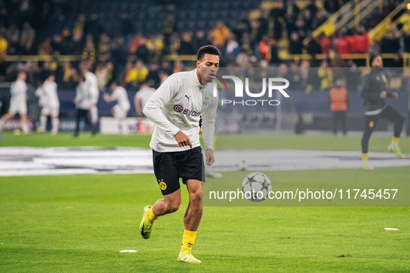 Felix Nmecha of Borussia Dortmund warms up before the UEFA Champions League 2024/25 League Phase MD4 soccer match between Borussia Dortmund...