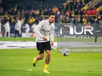 Felix Nmecha of Borussia Dortmund warms up before the UEFA Champions League 2024/25 League Phase MD4 soccer match between Borussia Dortmund...