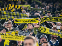 Fans of Borussia Dortmund cheer for their team prior to the UEFA Champions League 2024/25 League Phase MD4 soccer match between Borussia Dor...