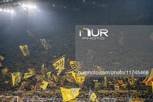 Fans of Borussia Dortmund cheer for their team prior to the UEFA Champions League 2024/25 League Phase MD4 soccer match between Borussia Dor...