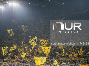 Fans of Borussia Dortmund cheer for their team prior to the UEFA Champions League 2024/25 League Phase MD4 soccer match between Borussia Dor...