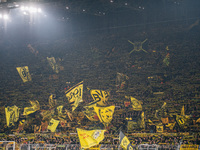 Fans of Borussia Dortmund cheer for their team prior to the UEFA Champions League 2024/25 League Phase MD4 soccer match between Borussia Dor...