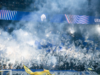 Fans light pyros before the UEFA Champions League 2024/25 League Phase MD4 soccer match between Borussia Dortmund and SK Sturm Graz at BVB S...