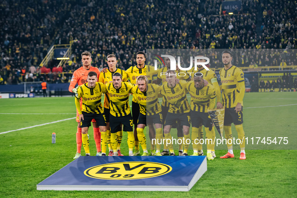 Players of Borussia Dortmund pose for a team photo before the UEFA Champions League 2024/25 League Phase MD4 soccer match between Borussia D...