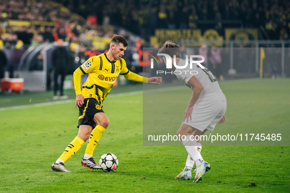 Pascal Gross of Borussia Dortmund plays during the UEFA Champions League 2024/25 League Phase MD4 soccer match between Borussia Dortmund and...