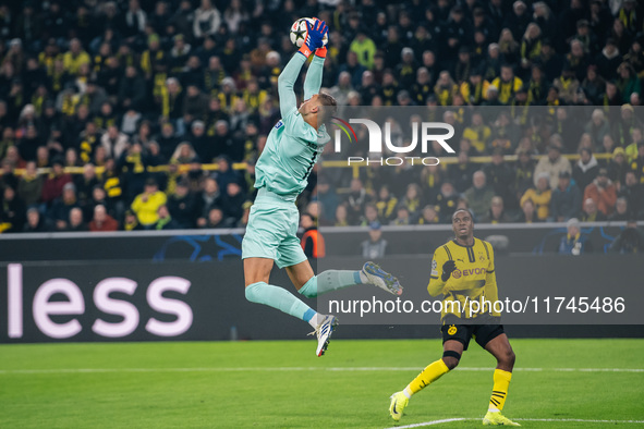 Kjell Scherpen plays during the UEFA Champions League 2024/25 League Phase MD4 soccer match between Borussia Dortmund and SK Sturm Graz at B...