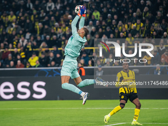 Kjell Scherpen plays during the UEFA Champions League 2024/25 League Phase MD4 soccer match between Borussia Dortmund and SK Sturm Graz at B...