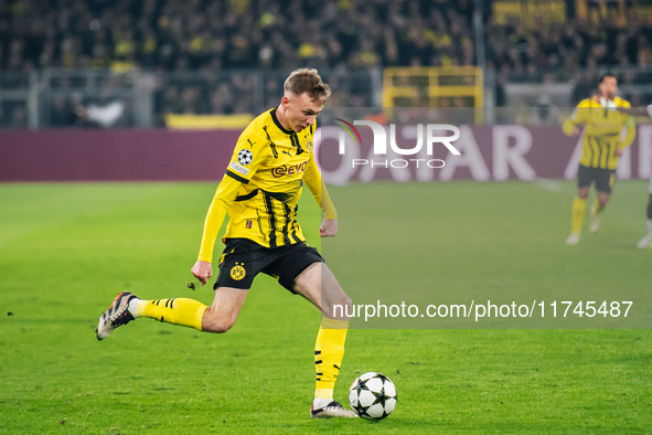 Maximilian Beier of Borussia Dortmund is in action during the UEFA Champions League 2024/25 League Phase MD4 soccer match between Borussia D...