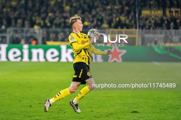 Maximilian Beier of Borussia Dortmund is in action during the UEFA Champions League 2024/25 League Phase MD4 soccer match between Borussia D...