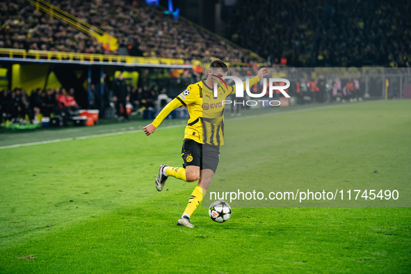 Pascal Gross of Borussia Dortmund plays during the UEFA Champions League 2024/25 League Phase MD4 soccer match between Borussia Dortmund and...