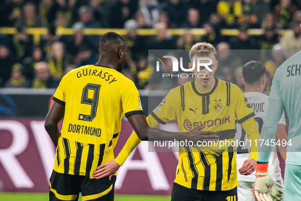 Serhou Guirassy and Maximilian Beier of Borussia Dortmund appear during the UEFA Champions League 2024/25 League Phase MD4 soccer match betw...