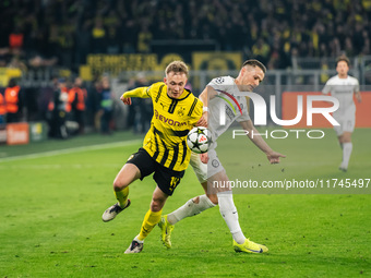 Maximilian Beier of Borussia Dortmund and Dimitri Lavalee of SK Sturm Graz are in action during the UEFA Champions League 2024/25 League Pha...