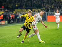 Maximilian Beier of Borussia Dortmund and Dimitri Lavalee of SK Sturm Graz are in action during the UEFA Champions League 2024/25 League Pha...