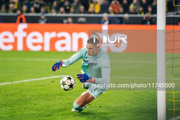 Kjell Scherpen plays during the UEFA Champions League 2024/25 League Phase MD4 soccer match between Borussia Dortmund and SK Sturm Graz at B...