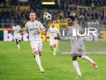 Tochi Chukwuani plays during the UEFA Champions League 2024/25 League Phase MD4 soccer match between Borussia Dortmund and SK Sturm Graz at...