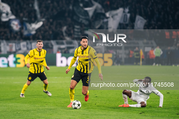 Ramy Bensebaini of Borussia Dortmund plays during the UEFA Champions League 2024/25 League Phase MD4 soccer match between Borussia Dortmund...