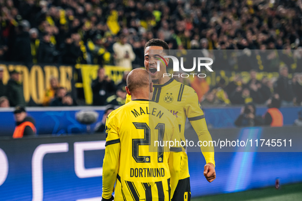 Donyell Malen of Borussia Dortmund celebrates his goal with Felix Nmecha during the UEFA Champions League 2024/25 League Phase MD4 soccer ma...