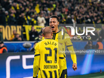 Donyell Malen of Borussia Dortmund celebrates his goal with Felix Nmecha during the UEFA Champions League 2024/25 League Phase MD4 soccer ma...