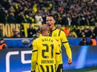 Donyell Malen of Borussia Dortmund celebrates his goal with Felix Nmecha during the UEFA Champions League 2024/25 League Phase MD4 soccer ma...