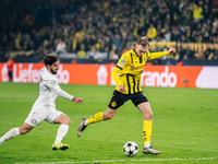 Maximilian Beier of Borussia Dortmund and Otar Kiteishvili of SK Sturm Graz play during the UEFA Champions League 2024/25 League Phase MD4 s...