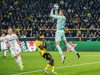 Serhou Guirassy of Borussia Dortmund and Kjell Scherpen of SK Sturm Graz are in action during the UEFA Champions League 2024/25 League Phase...