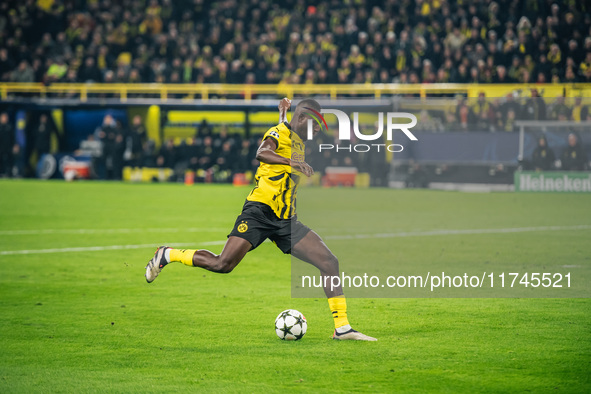 Serhou Guirassy of Borussia Dortmund is in action during the UEFA Champions League 2024/25 League Phase MD4 soccer match between Borussia Do...