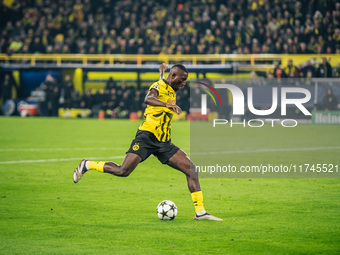 Serhou Guirassy of Borussia Dortmund is in action during the UEFA Champions League 2024/25 League Phase MD4 soccer match between Borussia Do...