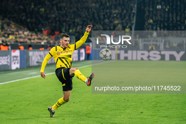 Pascal Gross of Borussia Dortmund plays during the UEFA Champions League 2024/25 League Phase MD4 soccer match between Borussia Dortmund and...