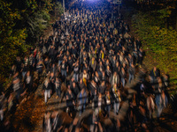 Fans of SK Sturm Graz march to the stadium before the UEFA Champions League 2024/25 League Phase MD4 soccer match between Borussia Dortmund...