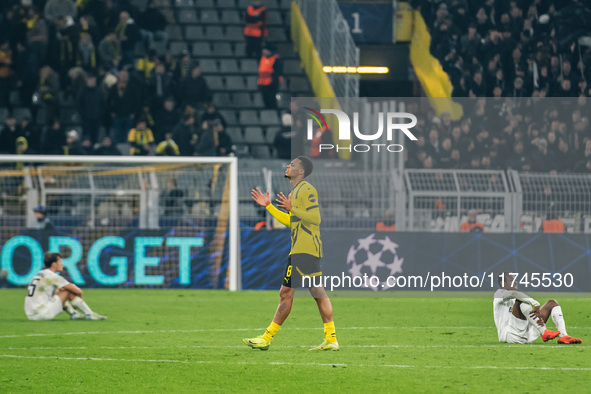 Felix Nmecha of Borussia Dortmund celebrates after the UEFA Champions League 2024/25 League Phase MD4 soccer match between Borussia Dortmund...