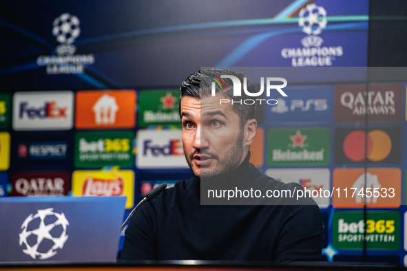 Head Coach Nuri Sahin of Borussia Dortmund participates in a press conference after the UEFA Champions League 2024/25 League Phase MD4 socce...