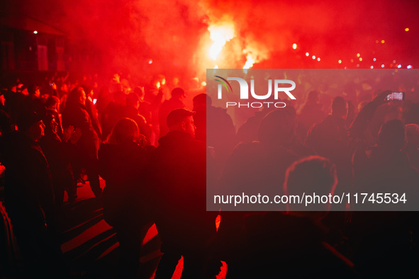 Fans of SK Sturm Graz march to the stadium before the UEFA Champions League 2024/25 League Phase MD4 soccer match between Borussia Dortmund...