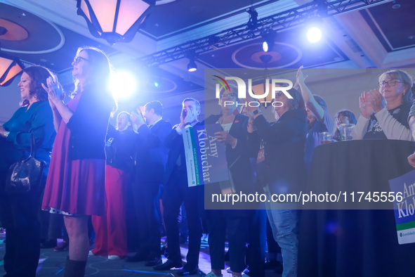 Attendees cheer while Minnesota Lieutenant Governor Peggy Flanagan speaks at the Minnesota DFL Election Night event at the InterContinental...