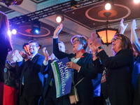 Attendees cheer while Minnesota Lieutenant Governor Peggy Flanagan speaks at the Minnesota DFL Election Night event at the InterContinental...