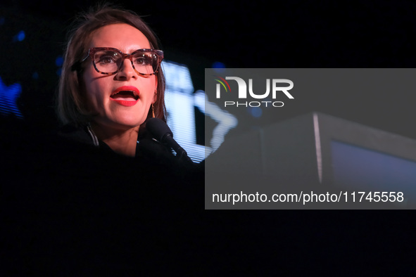 Minnesota Lieutenant Governor Peggy Flanagan speaks at the Minnesota DFL Election Night event at the InterContinental Hotel in St. Paul, Min...