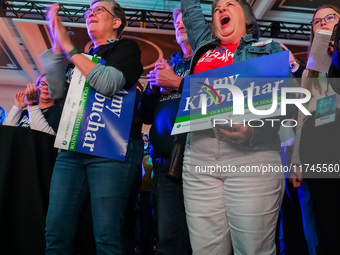 Attendees cheer while Minnesota Lieutenant Governor Peggy Flanagan speaks at the Minnesota DFL Election Night event at the InterContinental...