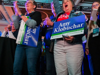 Attendees cheer while Minnesota Lieutenant Governor Peggy Flanagan speaks at the Minnesota DFL Election Night event at the InterContinental...