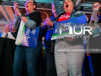 Attendees cheer while Minnesota Lieutenant Governor Peggy Flanagan speaks at the Minnesota DFL Election Night event at the InterContinental...