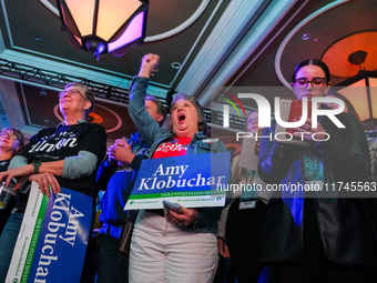 Attendees cheer while Minnesota Lieutenant Governor Peggy Flanagan speaks at the Minnesota DFL Election Night event at the InterContinental...