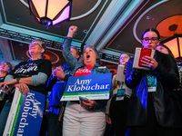 Attendees cheer while Minnesota Lieutenant Governor Peggy Flanagan speaks at the Minnesota DFL Election Night event at the InterContinental...