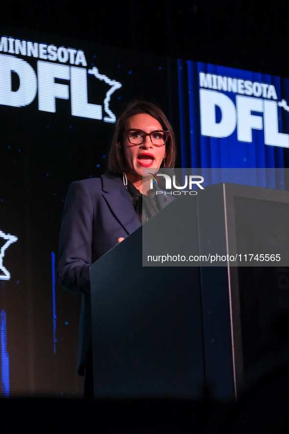 Minnesota Lieutenant Governor Peggy Flanagan speaks at the Minnesota DFL Election Night event at the InterContinental Hotel in St. Paul, Min...