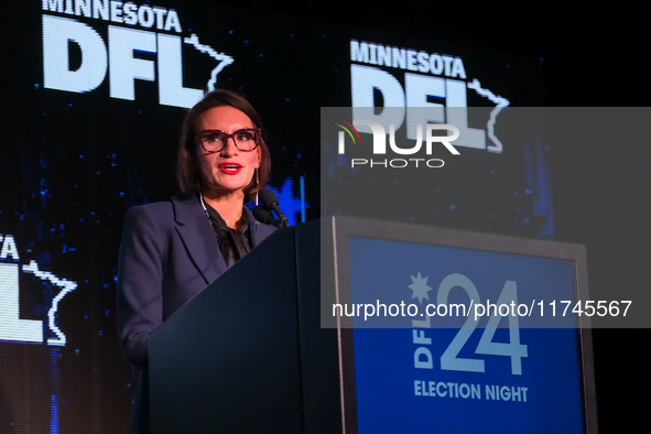 Minnesota Lieutenant Governor Peggy Flanagan speaks at the Minnesota DFL Election Night event at the InterContinental Hotel in St. Paul, Min...