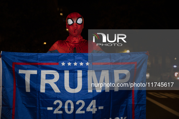 A person dressed as Spiderman holds a banner with the text ''Trump 2024'' in Black Lives Matter Plaza in Washington DC, USA, on November 5,...