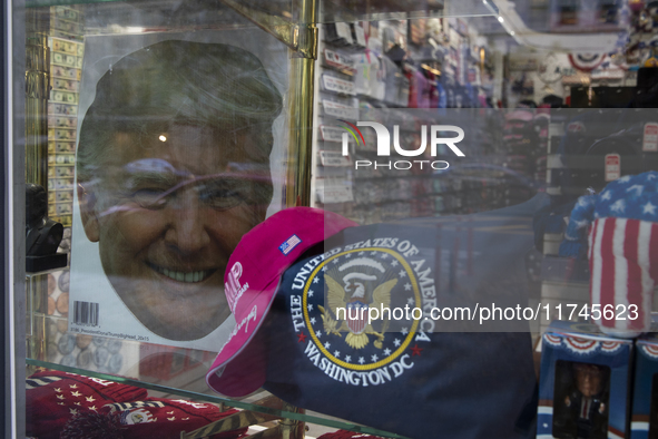 A picture of former President Donald Trump is in a shop on election day in Washington, DC, US, on November 5, 2024. 